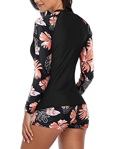 Daci Women Black Pink Flower Two Piece Rash Guard Long Sleeve Swimsuits UV UPF 50 Swim Shirt Bathing Suit with Boyshort Bottom M - Image 3