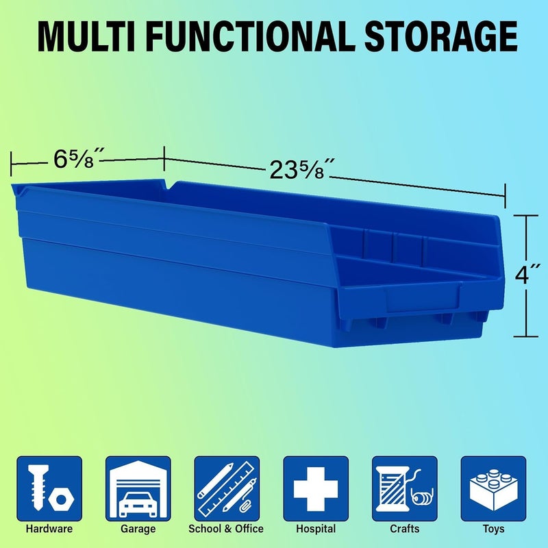 AkroMils 30164 Plastic Shelf Bins, Heavy Duty Storage Bins for Garage, Closet, and Drawer Organization, 24-Inch x 6-1/2-Inch x 4-Inch, Green, 6-Pack - Image 2