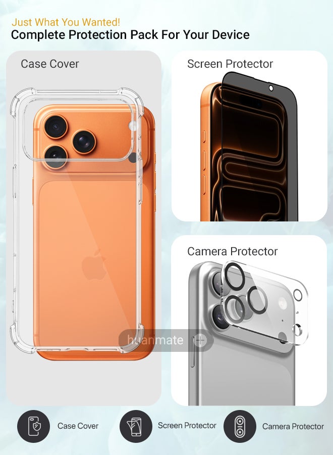 huanmate 3 in 1 Apple iPhone 17 Pro Protection Pack - Ultra Clear Shockproof Case, Anti-Peeping Privacy Glass Screen Protector & Camera Lens Protector, 360’ Protection, Easy Installation - Image 2
