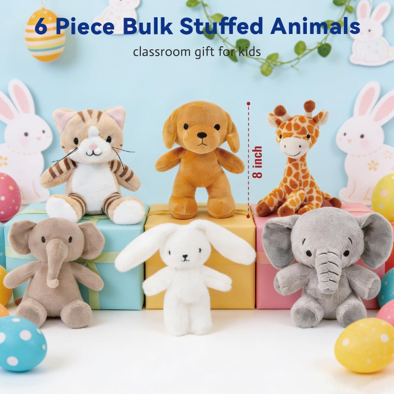 AmyToo 6 Pcs Stuffed Animals Bulk, 8 Inch Small Stuffed Safari Animals, Zoo Stuffed Animals Set (Cat Dog Elephants Giraffe Bunny) Baby Shower Party Decor, Easter Gift for Classroom Kids, Teens, Girls - Image 2