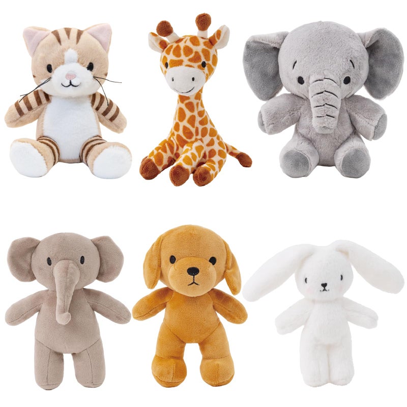 AmyToo 6 Pcs Stuffed Animals Bulk, 8 Inch Small Stuffed Safari Animals, Zoo Stuffed Animals Set (Cat Dog Elephants Giraffe Bunny) Baby Shower Party Decor, Easter Gift for Classroom Kids, Teens, Girls - Image 1