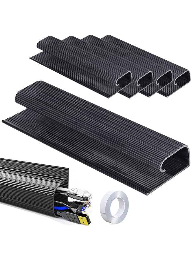 promass 4 PCS Self Adhesive Under Desk Cable Management Raceway, J Channel PVC Cable Hider Cord Tray, L15.7 W1.0 H2.2 in, Black - Image 1