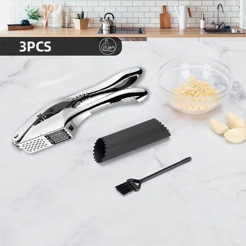3pcs Set High Effective Heavy Duty Garlic Press And Slicer 2 In 1 Multifunctional Garlic Mincer Easy To Squeeze Clean Dishwasher Safe Crusher Slicer With Peeler And Clean Brush Kitchen Accessories - Image 1