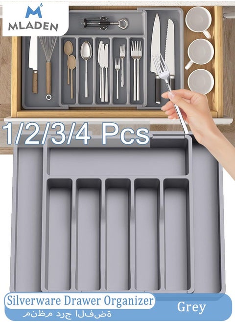 Silverware Drawer Organizer, Expandable Utensil Tray for Kitchen, Adjustable Flatware and Cutlery Holder, Compact Plastic Storage for Spoons Forks Knives, Large, Safe Grade Finis