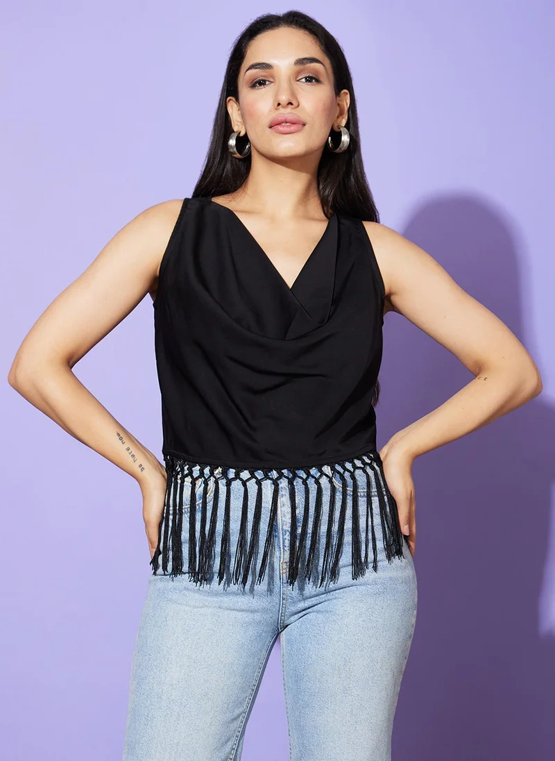 globus Globus Women Black Cowl Neck Fringed Satin Top