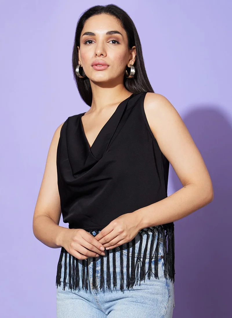 globus Globus Women Black Cowl Neck Fringed Satin Top