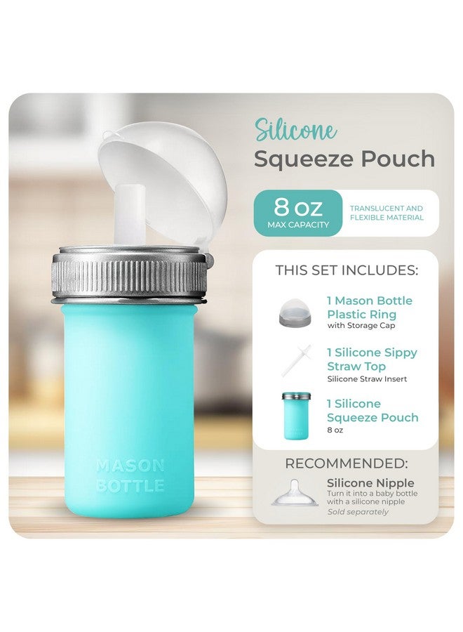 Mason Bottle 8oz Silicone Squeeze Pouch with Straw - Reusable Baby Food and Snack Pouch for Toddlers - Soft Food and Liquid Bottle - BPA & BPS-Free, Non-Toxic, Made in USA (Teal) - Image 2