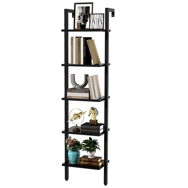 YMYNY Bookshelf Wall Mounted Ladder Shelf 5Tier Bookcase Rack Storage Unit with Metal Frame Industrial Floating Wall Shelf for Living Room Kitchen Office 4030178CM Black HBC015B