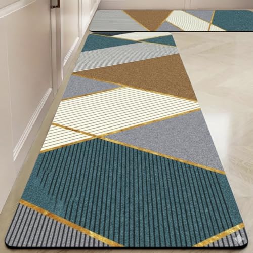 Mattitude Polyester Premium Rectangular Kitchen Mats for Floor Anti Slip | Machine-Washable |Waterproof| 2 Pcs Set| (18 X 55 + 18 X28 Inches) (Green and Cream) - Image 1