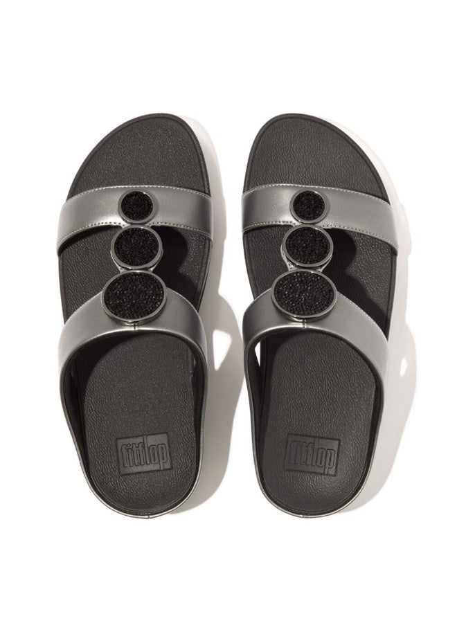 FitFlop 049-795 FITFLOP Ladies Sandals HJ2-B06 Halo Bead-Circle Metallic H-Bar Slides - Pewter Black - Image 2