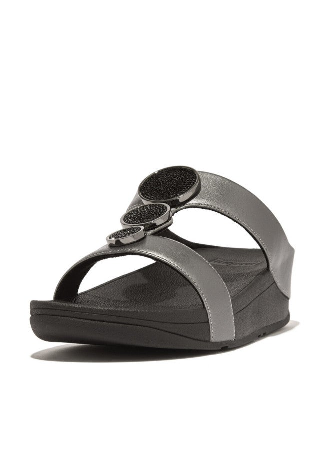 FitFlop 049-795 FITFLOP Ladies Sandals HJ2-B06 Halo Bead-Circle Metallic H-Bar Slides - Pewter Black - Image 4