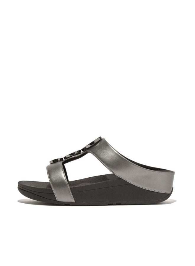 FitFlop 049-795 FITFLOP Ladies Sandals HJ2-B06 Halo Bead-Circle Metallic H-Bar Slides - Pewter Black - Image 1