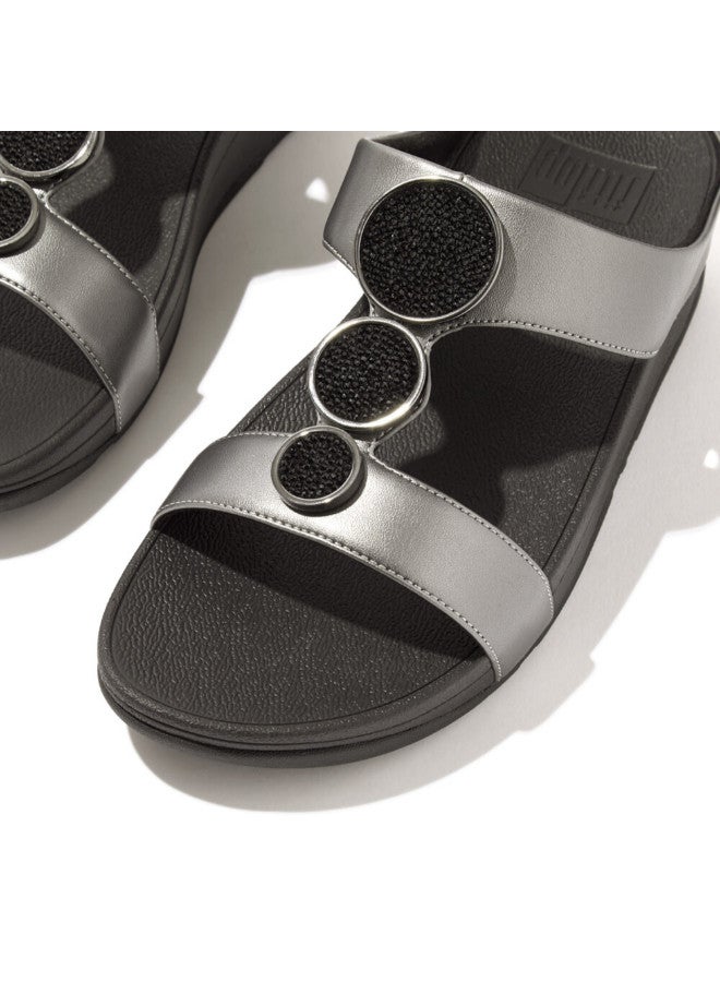 FitFlop 049-795 FITFLOP Ladies Sandals HJ2-B06 Halo Bead-Circle Metallic H-Bar Slides - Pewter Black - Image 3