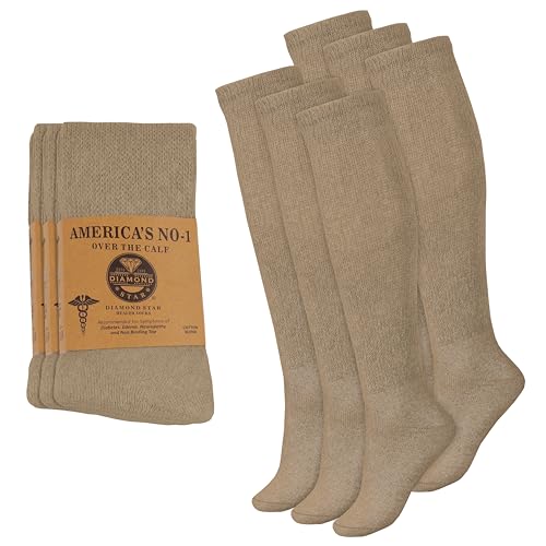 Diamond Star 6 Pairs Diabetic Socks Over The Calf Knee High Premium Cotton Socks Mens Size 1013 Big Tall Size 1316 US Numeric 10 13 Regular Regular 6 Pairs Khaki - Image 2