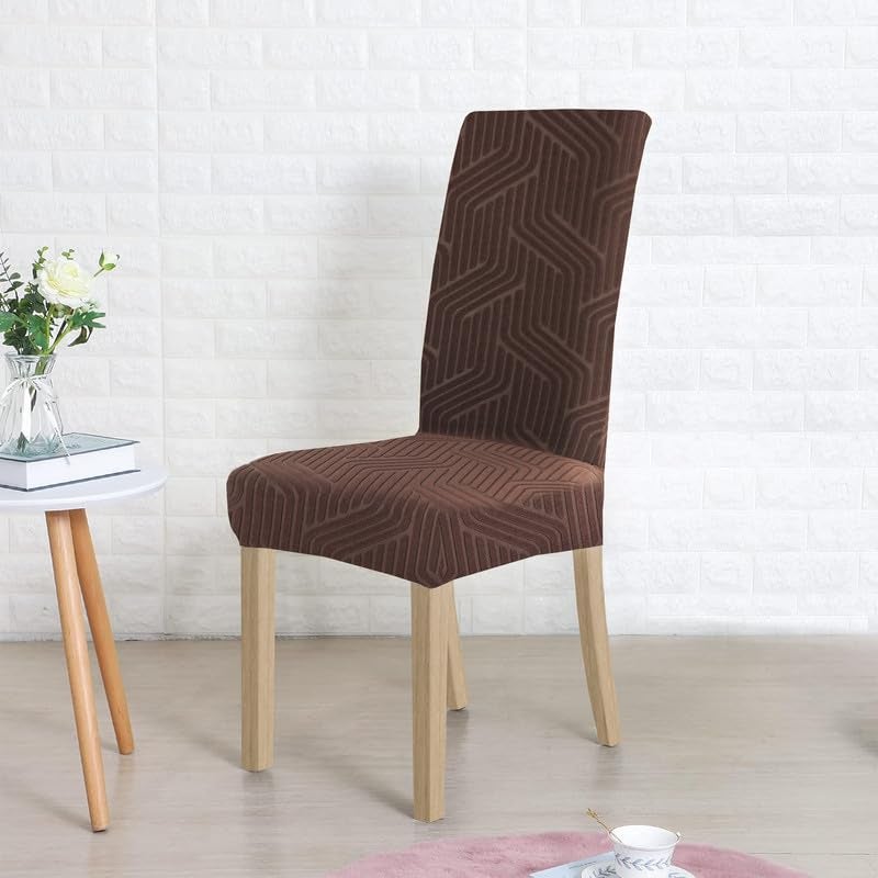 Yellow Weaves Elastic Stretchable Dining Chair Covers, Removable Washable Elastic Self Jacquard Dining Chair Covers (Set of 4, Coffee) - Image 5