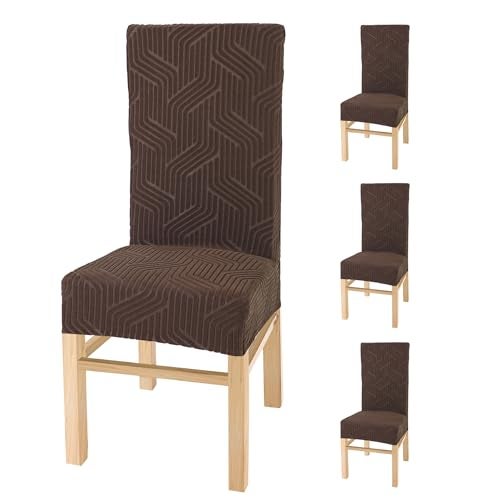Yellow Weaves Elastic Stretchable Dining Chair Covers, Removable Washable Elastic Self Jacquard Dining Chair Covers (Set of 4, Coffee) - Image 1