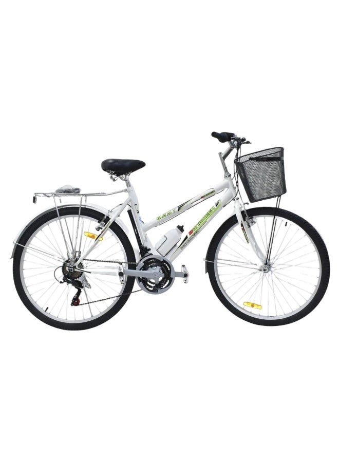 A 26-inch bicycle with front basket and rear rack speeds, a durable rust-resistant steel frame, superior tire stability, and a powerful handbrake.