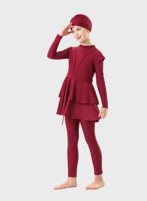 Burkini Muslim Swimsuits For Kids Girls Children 3-Piece Swimwear Set Full Cover Loose Fit Swimming Cap Islamic Modest Long Sleeve Conservative Classic Sun Protection