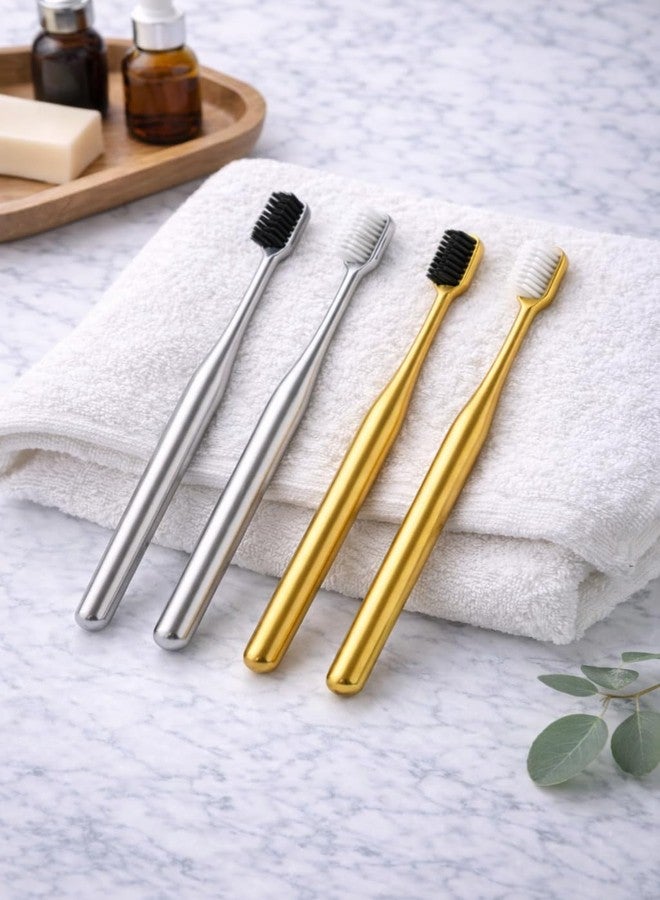 Pickliin Luxury Toothbrush | Premium Metal coated Handle Manual Toothbrush | Soft Bristles | PACK OF 4 | MIX COLOR Gold Black and Silver Black ToothBrush Elegant Reusable Tooth Brush for all Age Groups Home & Travel - Image 1