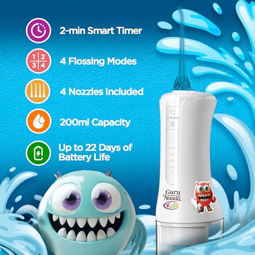 GuruNanda Kids Water Dental Flosser - 4 Flossing Modes, 4 Nozzles, 2-Min Smart Timer, Ages 6+, Monster Frens Theme, Portable Oral Care for Kids - Image 2