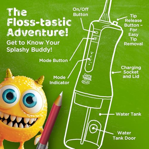 GuruNanda Kids Water Dental Flosser - 4 Flossing Modes, 4 Nozzles, 2-Min Smart Timer, Ages 6+, Monster Frens Theme, Portable Oral Care for Kids - Image 4