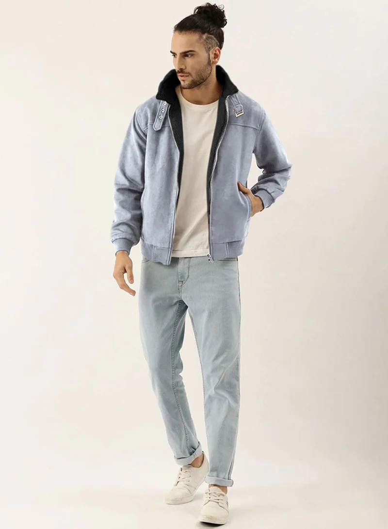 Campus Sutra Grey Men's Grey Zip-Front Jacket With Fleece Detail for Men | Best Price UAE