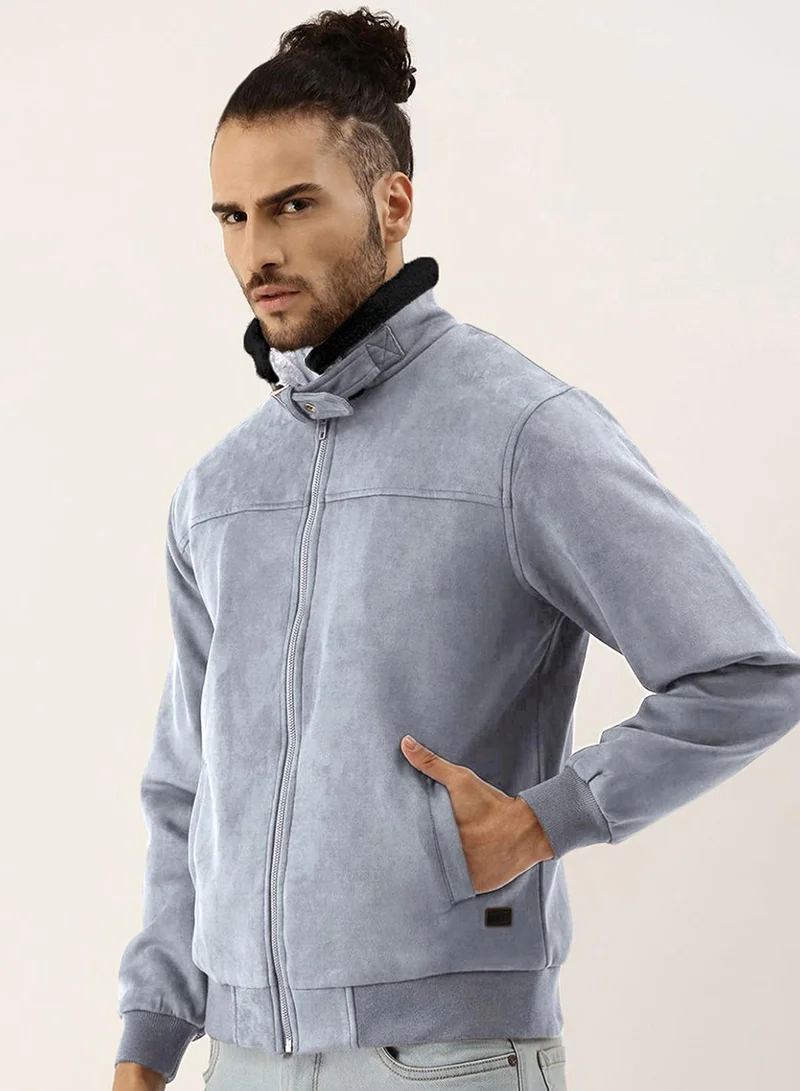 Campus Sutra Grey Men's Grey Zip-Front Jacket With Fleece Detail for Men | Best Price UAE