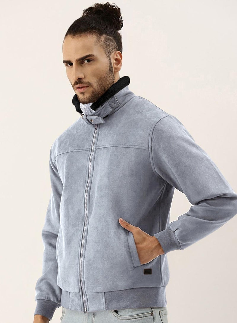 Campus Sutra Men's Grey Zip-Front Jacket With Fleece Detail - Image 3