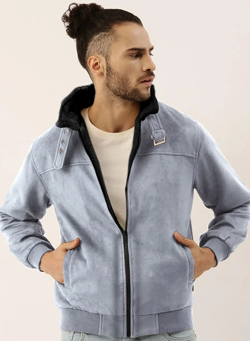 Campus Sutra Men's Grey Zip-Front Jacket With Fleece Detail