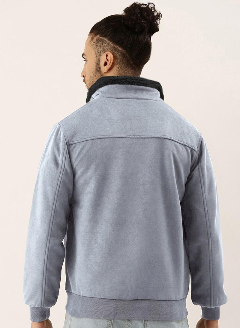 Campus Sutra Men's Grey Zip-Front Jacket With Fleece Detail - Image 5