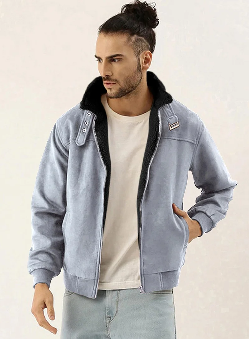 Campus Sutra Men's Grey Zip-Front Jacket With Fleece Detail