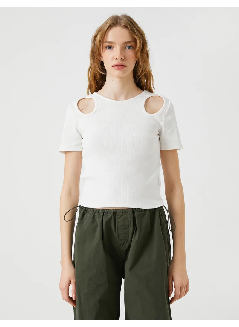 KOTON Short Sleeve T-Shirt Crew Neck Cut Out Detailed Cotton