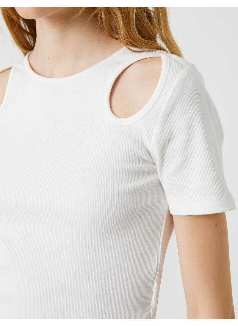 KOTON Short Sleeve T-Shirt Crew Neck Cut Out Detailed Cotton
