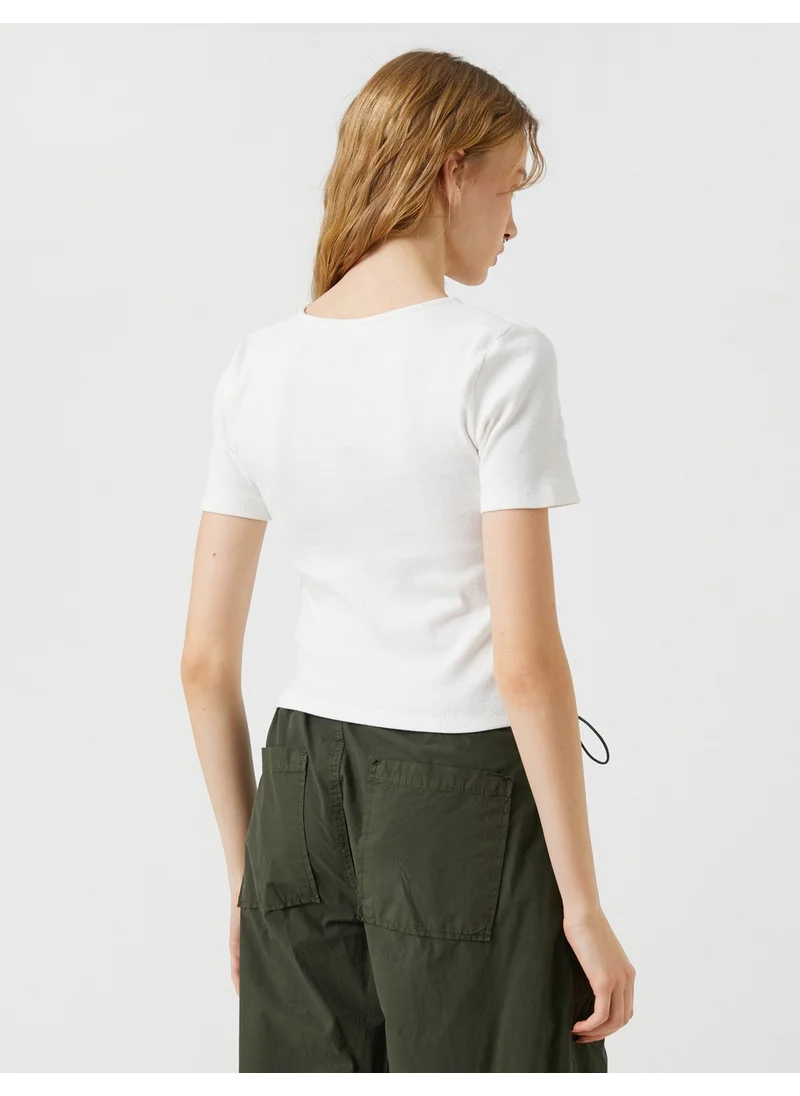 KOTON Short Sleeve T-Shirt Crew Neck Cut Out Detailed Cotton