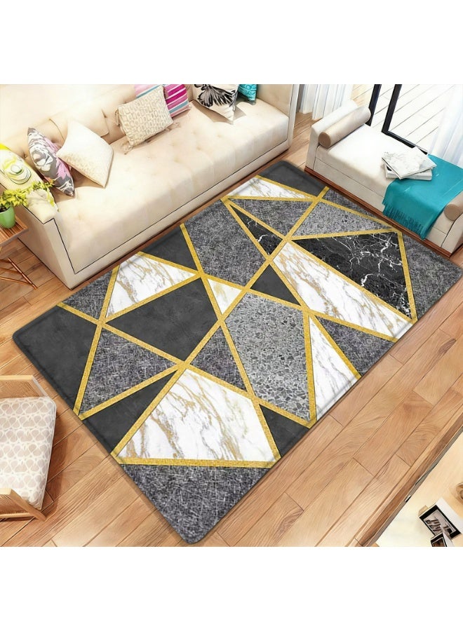 Geometric Marble Texture Area Rug, Black White Grey with Gold Lines, Polyester Floor Mat for Indoor Outdoor - Image 1