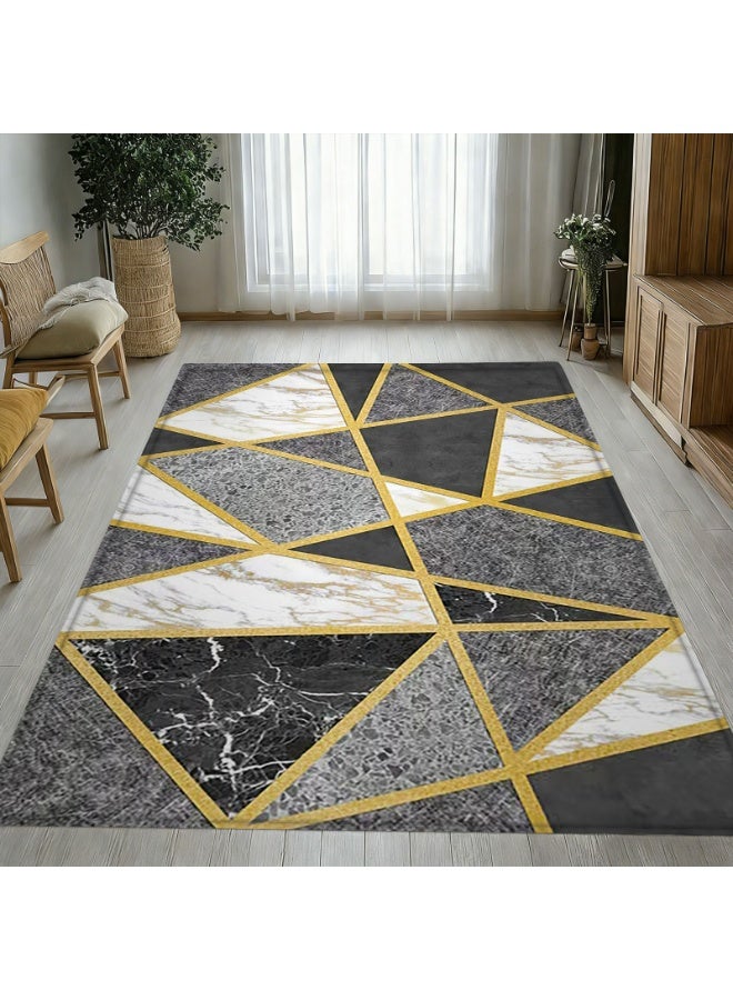 Geometric Marble Texture Area Rug, Black White Grey with Gold Lines, Polyester Floor Mat for Indoor Outdoor - Image 2