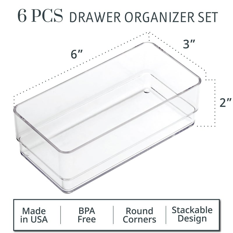 STORi SimpleSort 6-Piece Stackable Clear Drawer Organizer Set | 6" x 3" x 2" Rectangle Trays | Small Makeup Vanity Storage Bins and Office Desk Drawer Dividers | Made in USA - Image 2