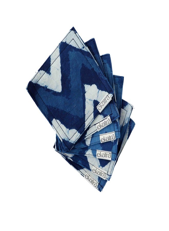 Ekatra 100% Cotton Sustainable Cloth Coasters | Tea & Coffee Coaster | Durable, Eco-Friendly | Quilted Table Protector Mats for Mugs | Indigo Chevron | Set of 6 - Image 1