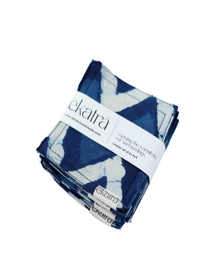Ekatra 100% Cotton Sustainable Cloth Coasters | Tea & Coffee Coaster | Durable, Eco-Friendly | Quilted Table Protector Mats for Mugs | Indigo Chevron | Set of 6 - Image 2