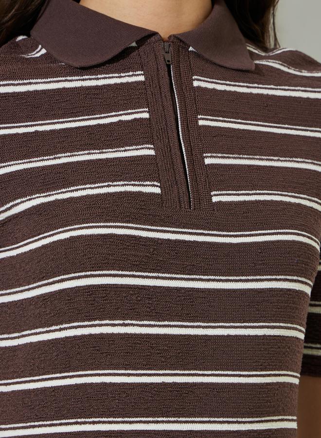 Styli Brown Striped Fitted Knit Top - Image 3