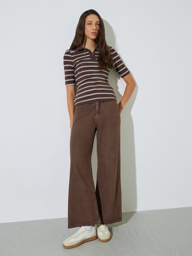 Styli Brown Striped Fitted Knit Top - Image 2