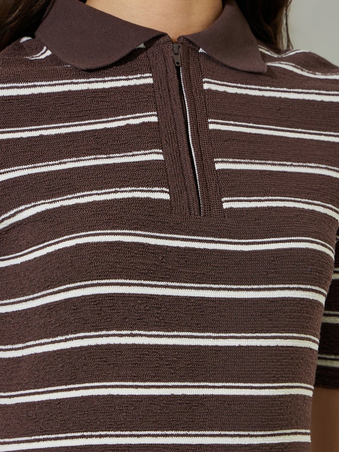 Styli Brown Striped Fitted Knit Top - Image 4