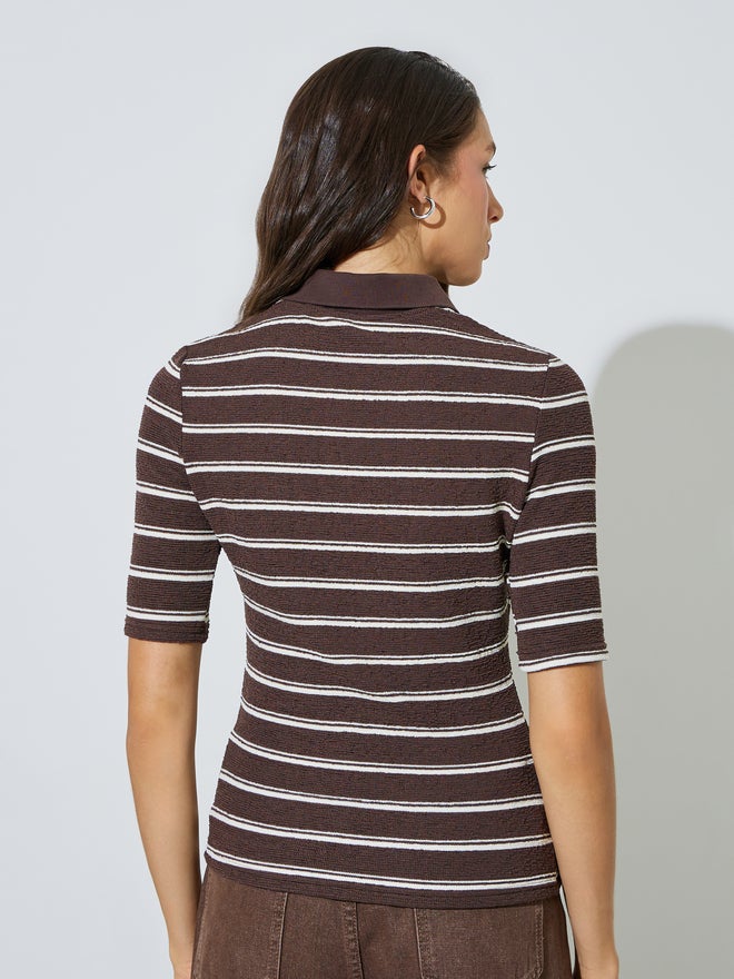 Styli Brown Striped Fitted Knit Top - Image 5