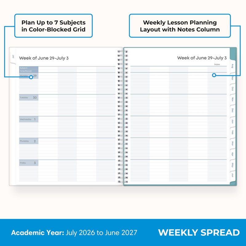 Blue Sky 2026-2027 Weekly and Monthly Academic Year Teacher Lesson Planner Calendar, July 2026 - June 2027, 8.5" x 11", Clear Pocket Cover, Wirebound, Laminated Tabs, Storage Pocket, Dots - Image 3