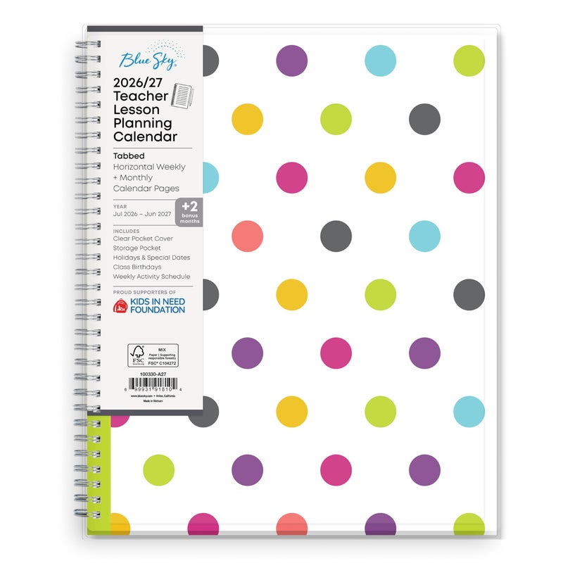 Blue Sky 2026-2027 Weekly and Monthly Academic Year Teacher Lesson Planner Calendar, July 2026 - June 2027, 8.5" x 11", Clear Pocket Cover, Wirebound, Laminated Tabs, Storage Pocket, Dots - Image 1