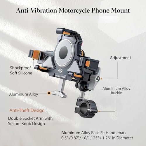 YELLOWFIN Motorcycle Phone Mount ABS | Shockproof Anti-Theft ATV Phone Holder with One-Touch Lock | 720° Rotation | Vibration Dampener | Universal Handlebar Fit for iPhone & Android (LIT-M) - Image 3