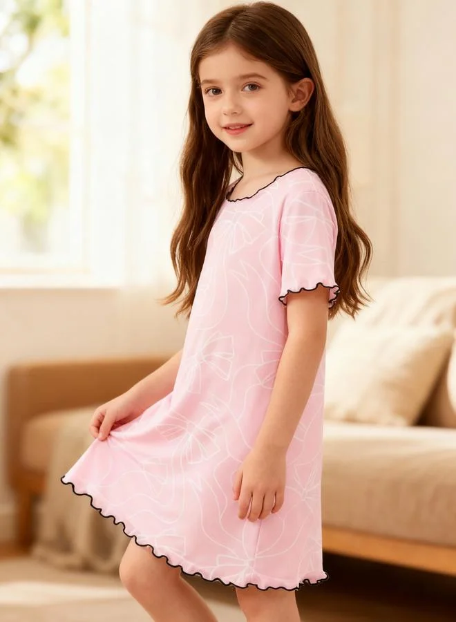 Take Two Girls Bow Print Ruffled Sleeve Nightdress