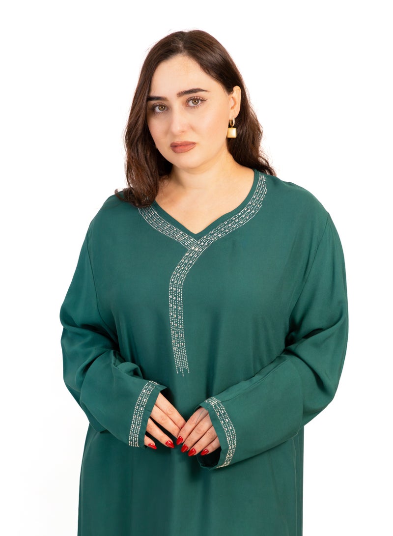 لـيـنـيـل Linelle Green Cotton Rayon Jalabiya with Silver Stone Detailing - Image 3