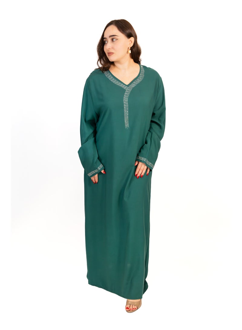 لـيـنـيـل Linelle Green Cotton Rayon Jalabiya with Silver Stone Detailing - Image 2