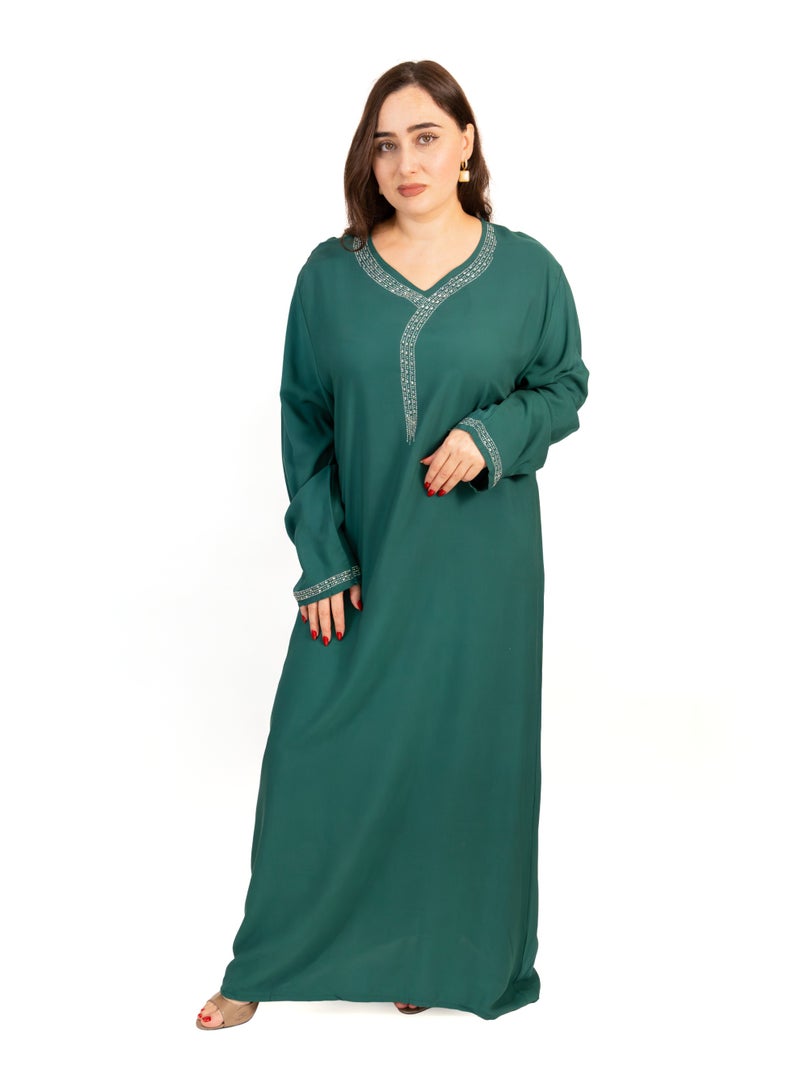 لـيـنـيـل Linelle Green Cotton Rayon Jalabiya with Silver Stone Detailing - Image 1